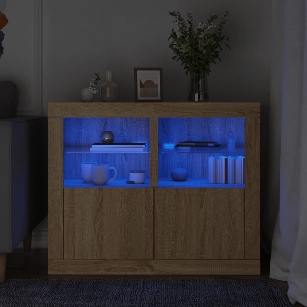 Mesitas de noche con luces LED 2 uds madera ingeniería negra