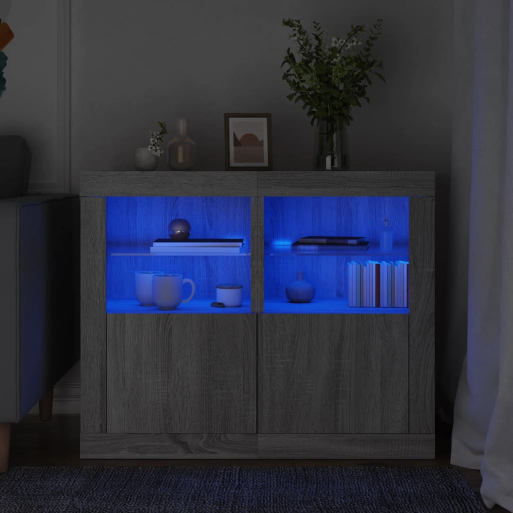 Mesitas de noche con luces LED 2 uds madera ingeniería negra