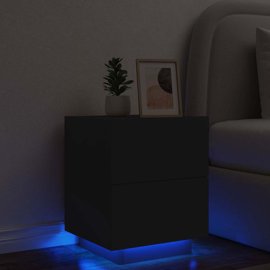 Mesita de noche con luces LED madera de ingeniería blanca