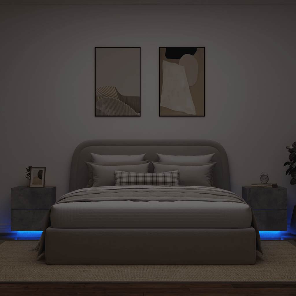 Mesita de noche luces LED 2 uds madera ingeniería gris hormigón