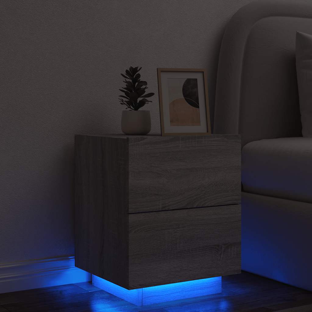 Mesita de noche con luces LED madera de ingeniería blanca