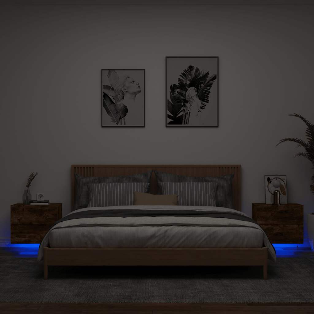 Mesitas de noche de pared con luces LED 2 uds gris hormigón