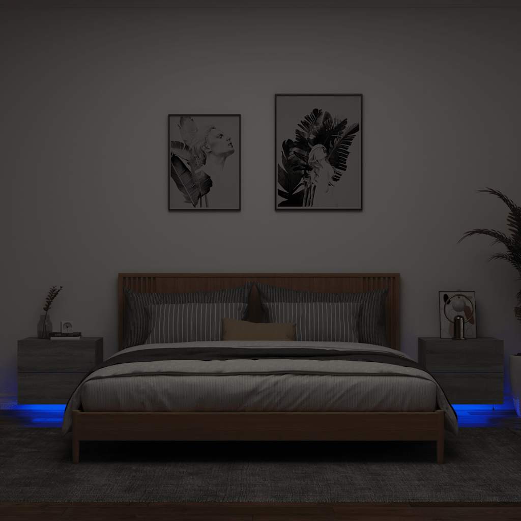 Mesitas de noche de pared con luces LED 2 uds gris hormigón