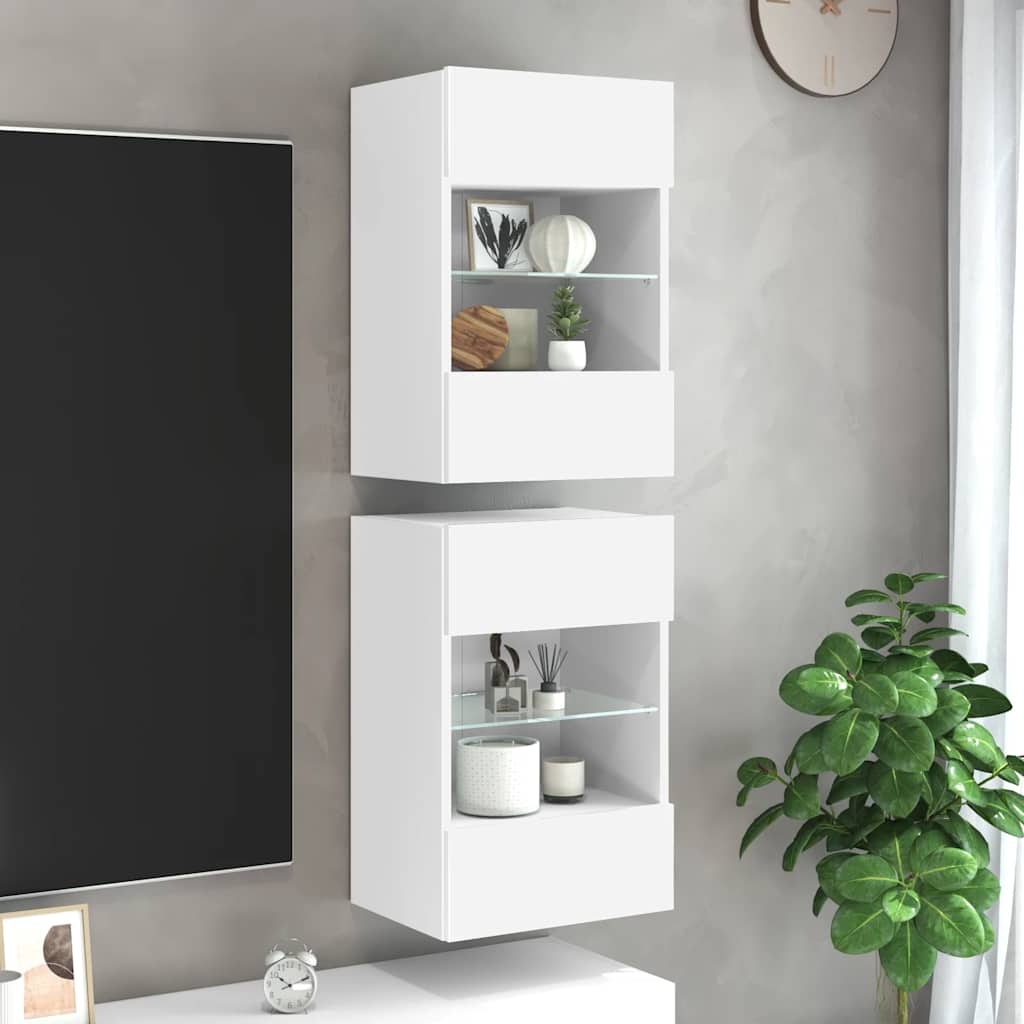Armarios de pared con luces LED para TV 2 uds blanco 40x30x60,5 cm
