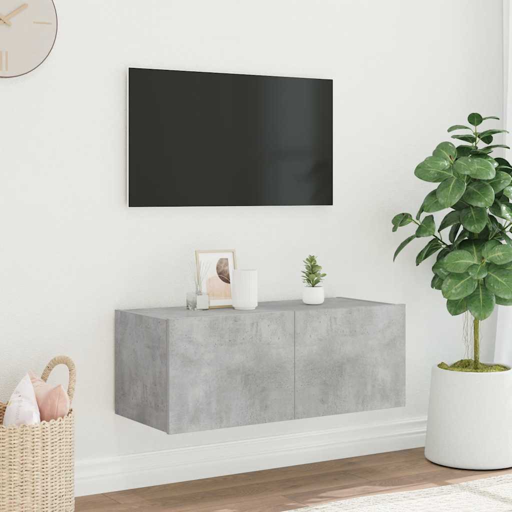 Mueble de pared TV con luces LED gris hormigón 140x31x38 cm