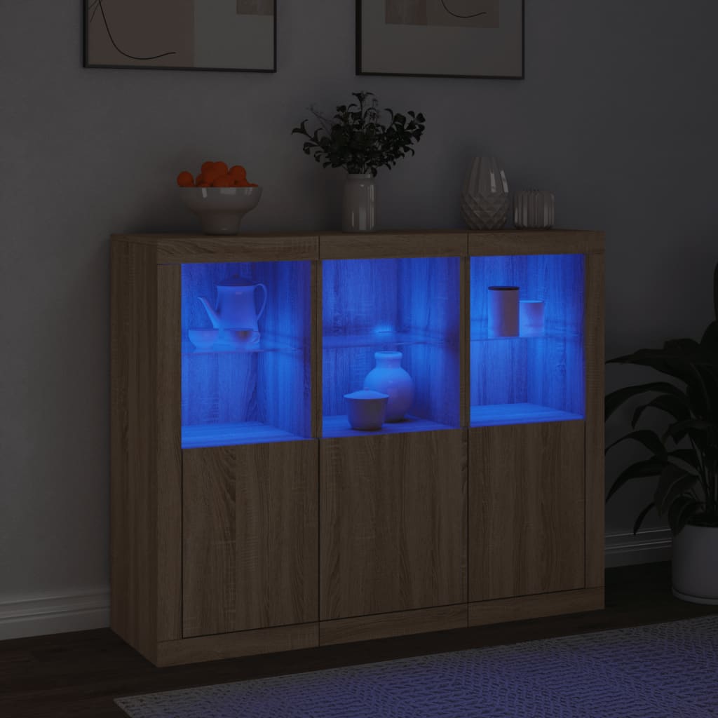 Aparador con luz LED 3 piezas madera de ingeniería roble sonoma