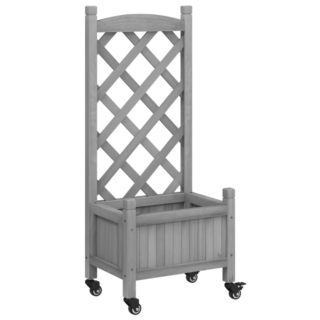 Jardinera con enrejado y ruedas madera maciza de abeto gris