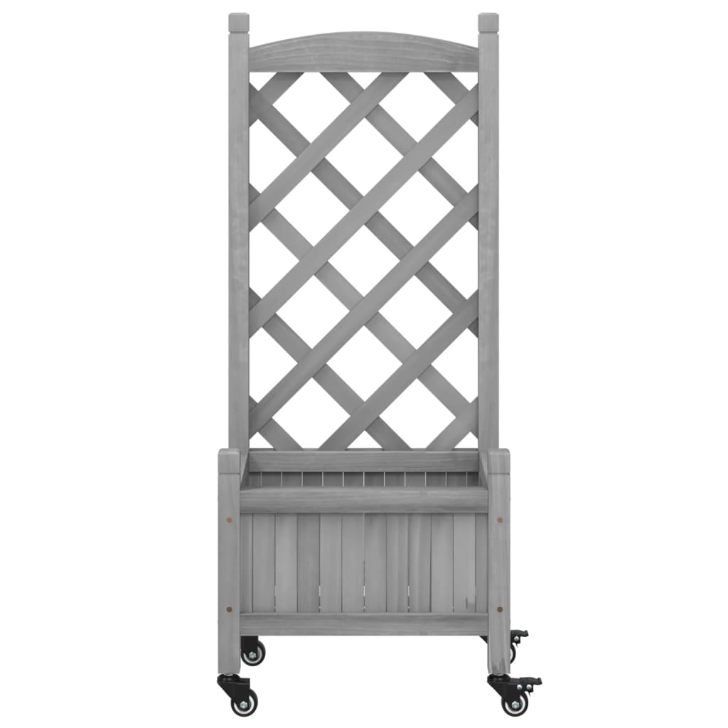 Jardinera con enrejado y ruedas madera maciza de abeto gris