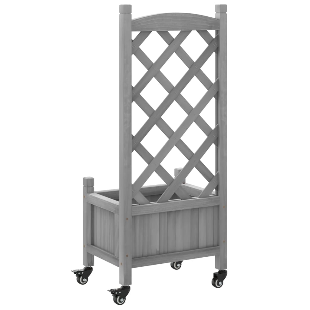 Jardinera con enrejado y ruedas madera maciza de abeto gris