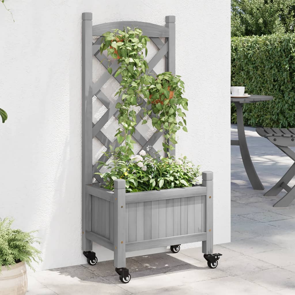 Jardinera con enrejado y ruedas madera maciza de abeto gris