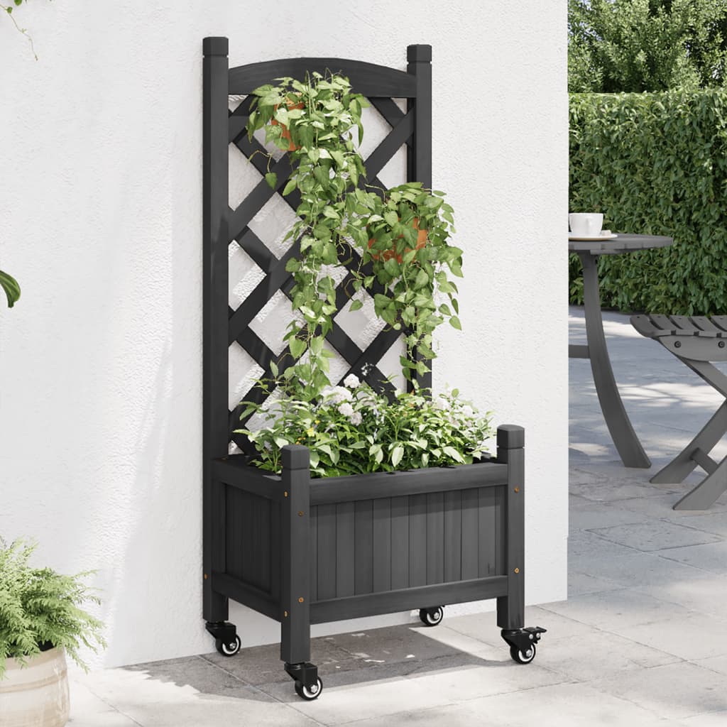 Raised garden bed with trellis and wheels, solid fir wood, gray