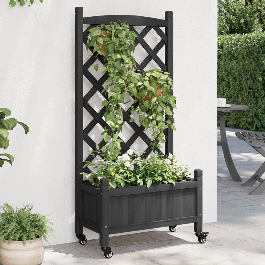 Raised garden bed with trellis and wheels, solid fir wood, gray
