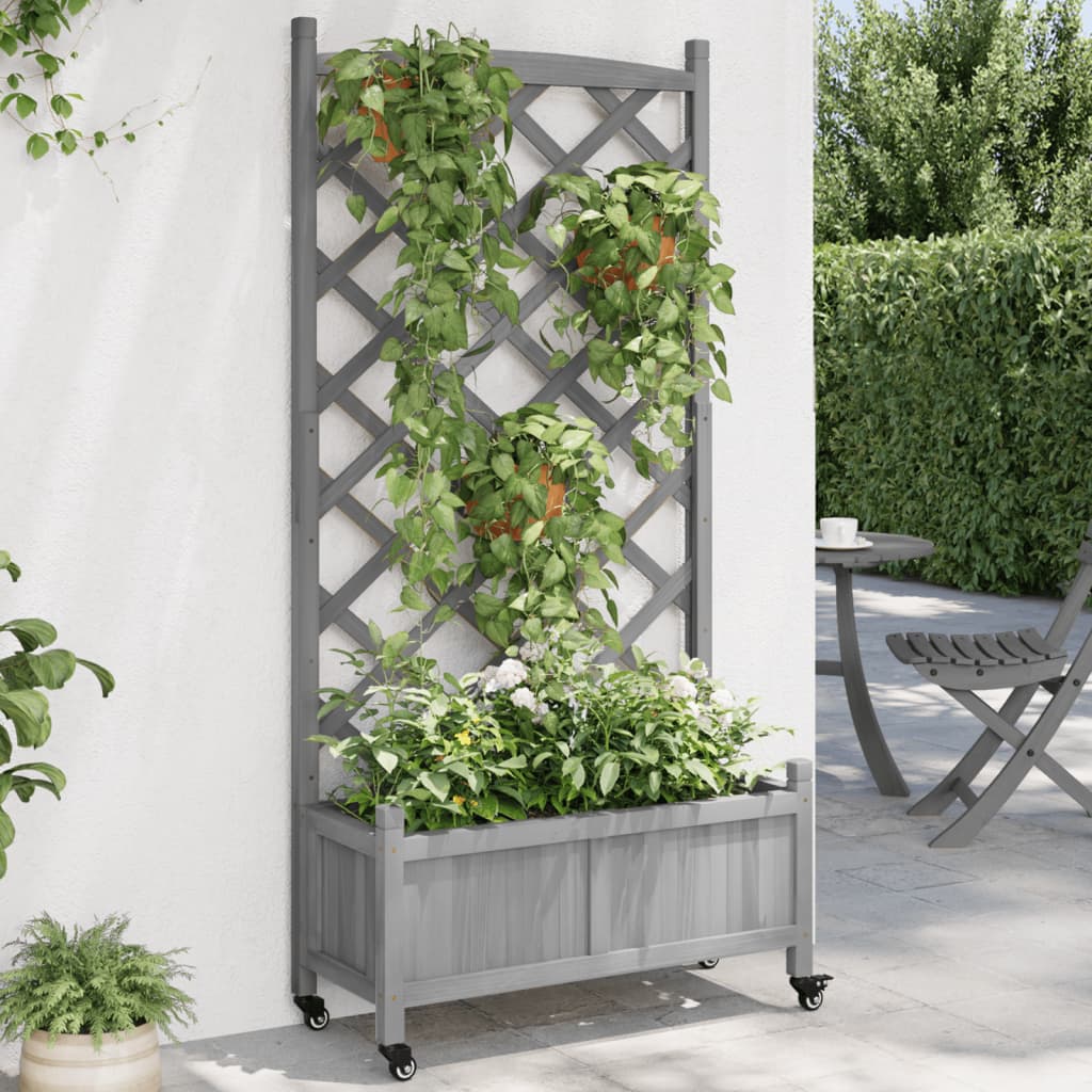 Raised garden bed with trellis and wheels, solid fir wood, gray