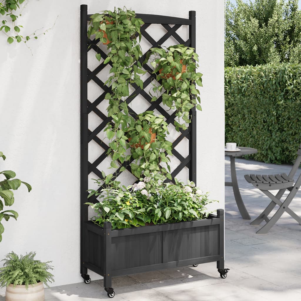 Raised garden bed with trellis and wheels, solid fir wood, gray