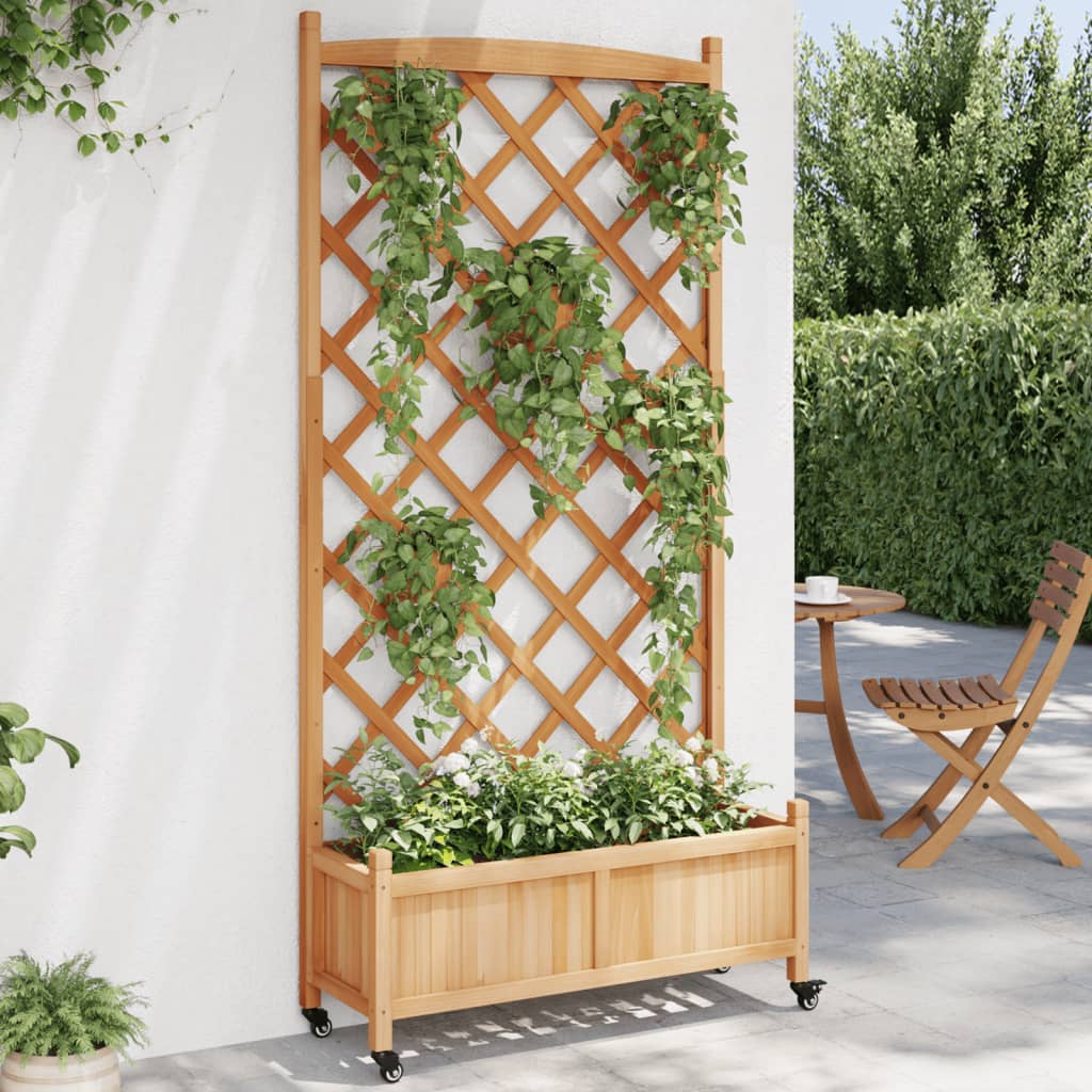 Raised garden bed with trellis and wheels, solid fir wood, gray