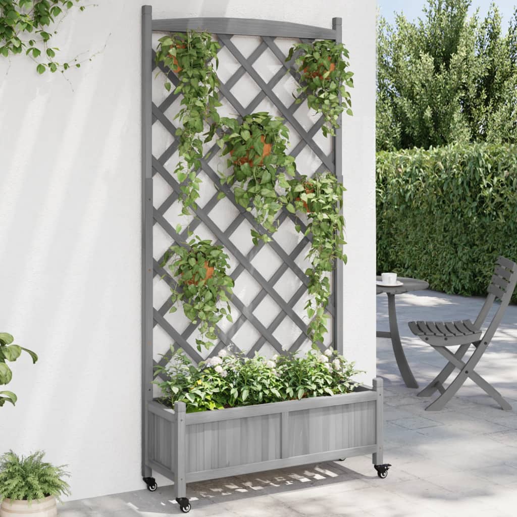 Raised garden bed with trellis and wheels, solid fir wood, gray