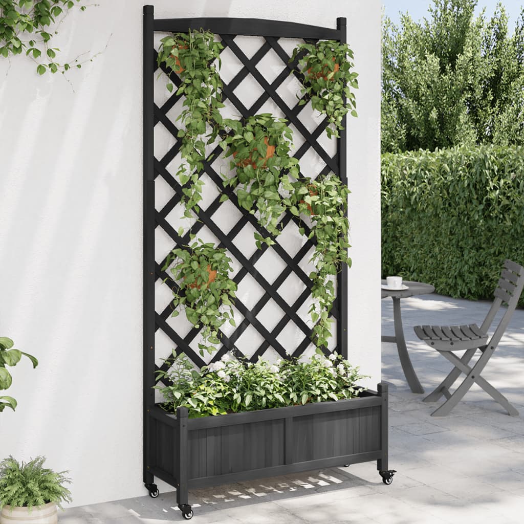 Raised garden bed with trellis and wheels, solid fir wood, gray