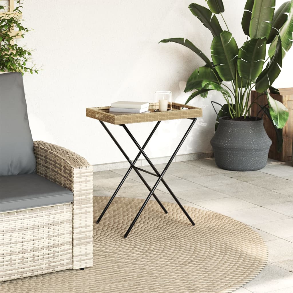 Mesa con bandeja plegable ratán sintético beige 65x40x75 cm