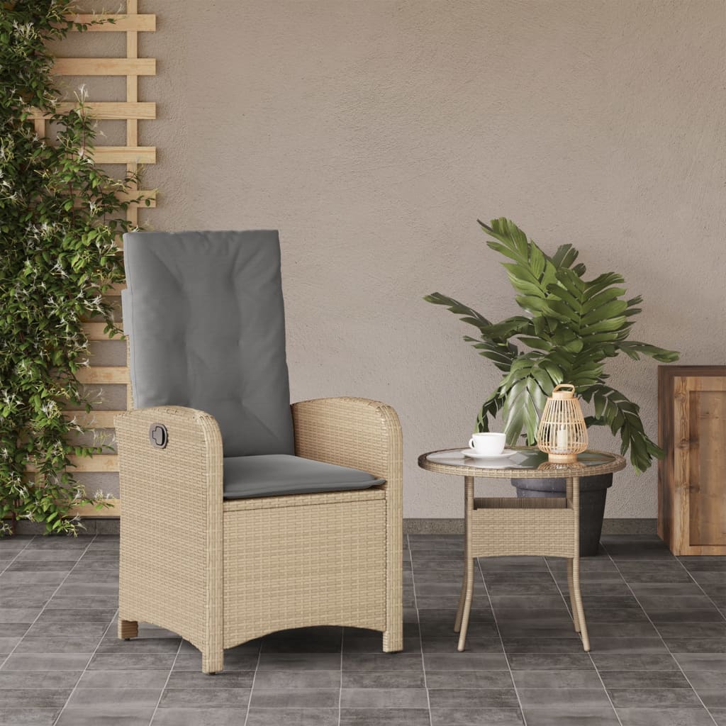 Sillón reclinable de jardín con cojines ratán PE beige mixto