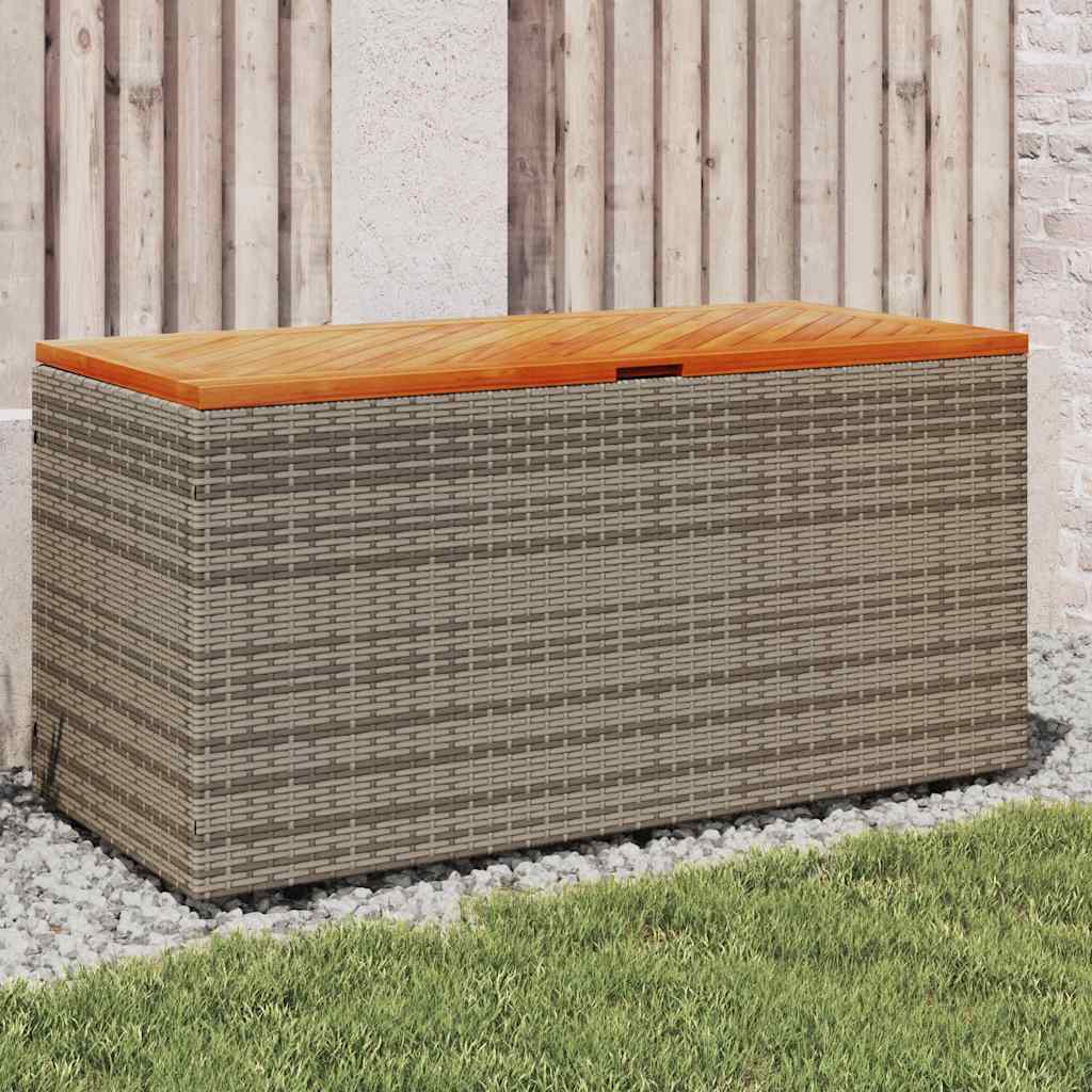 Baúl de jardín con ruedas ratán sintético beige 110x55x73 cm