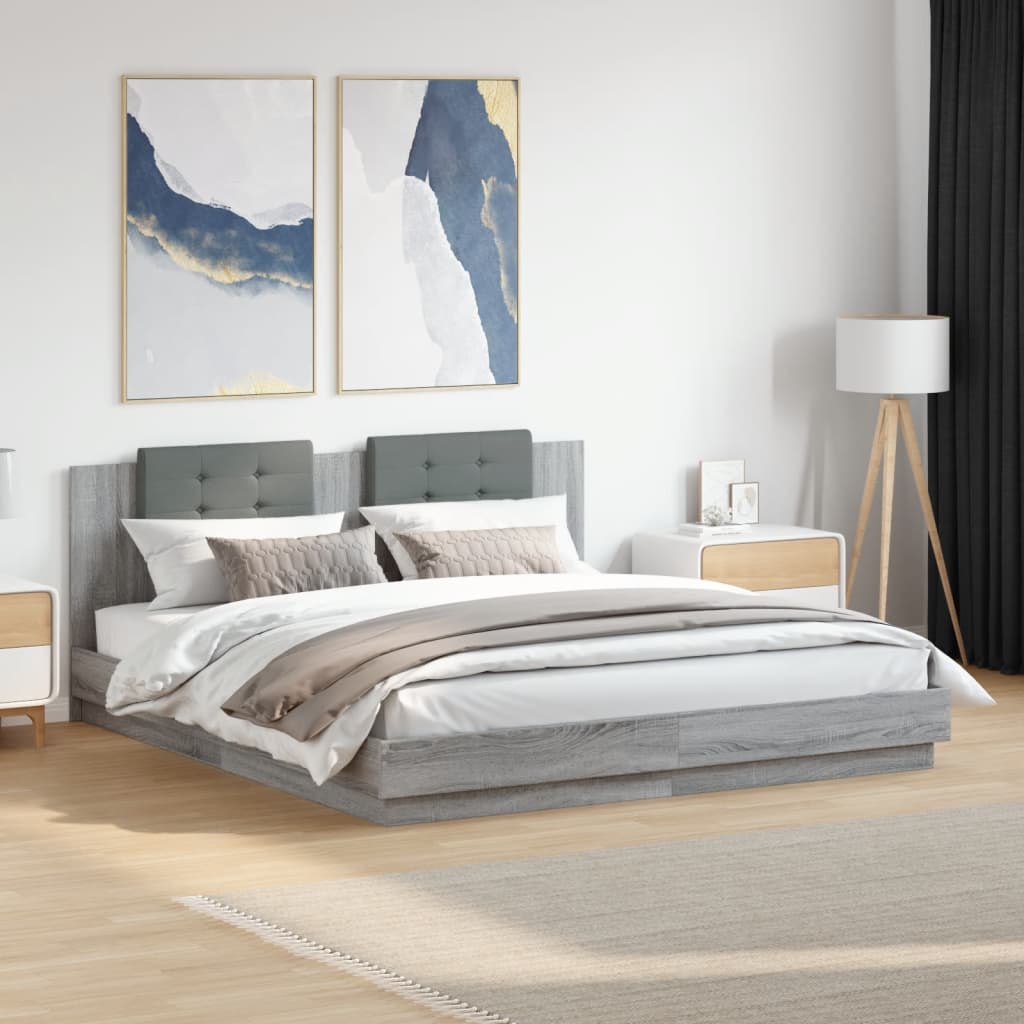Estructura cama con cabecero luces LED marrón roble 120x190 cm