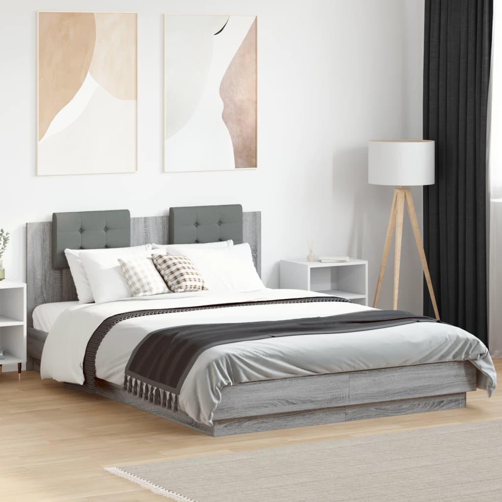 Estructura cama con cabecero luces LED marrón roble 120x190 cm