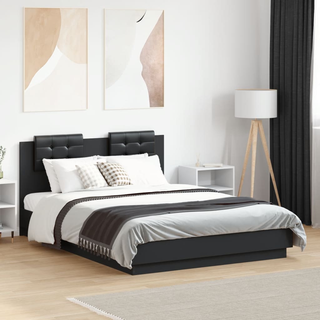 Estructura cama con cabecero luces LED marrón roble 120x190 cm