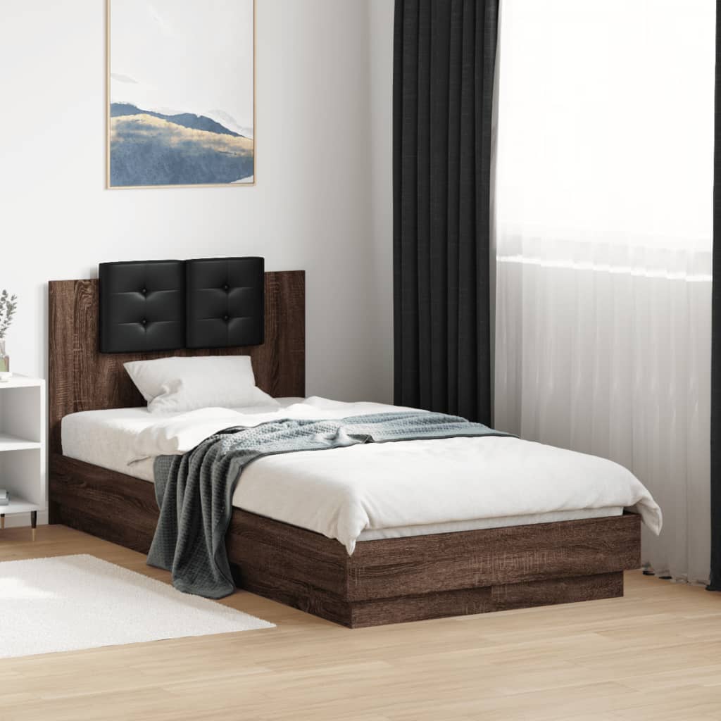 Estructura cama con cabecero luces LED marrón roble 120x190 cm