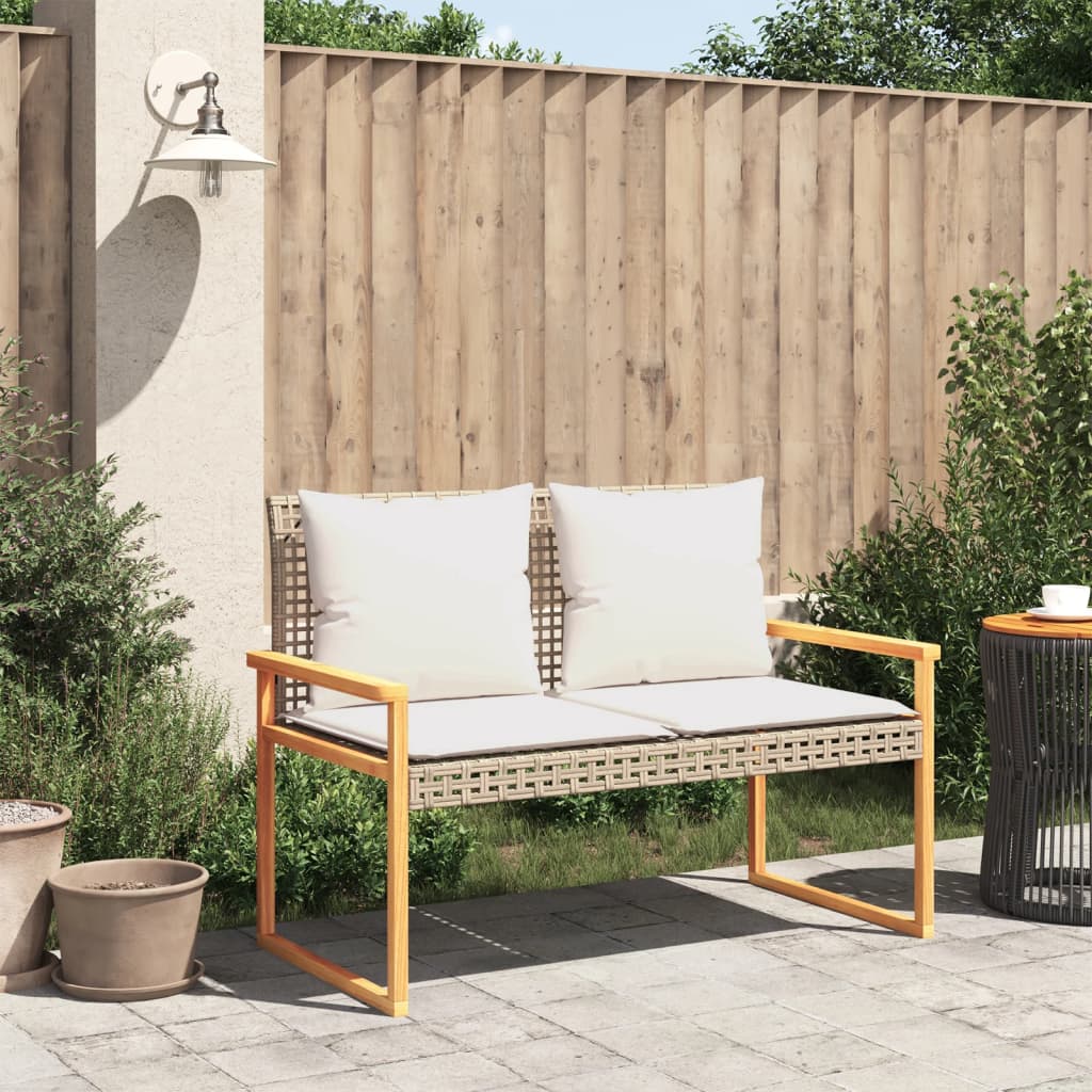Garden bench with beige cushion synthetic rattan acacia mix