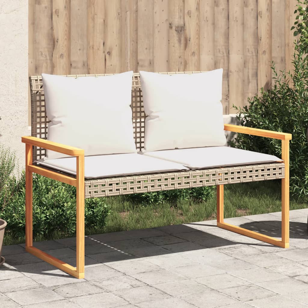 Garden bench with beige cushion synthetic rattan acacia mix