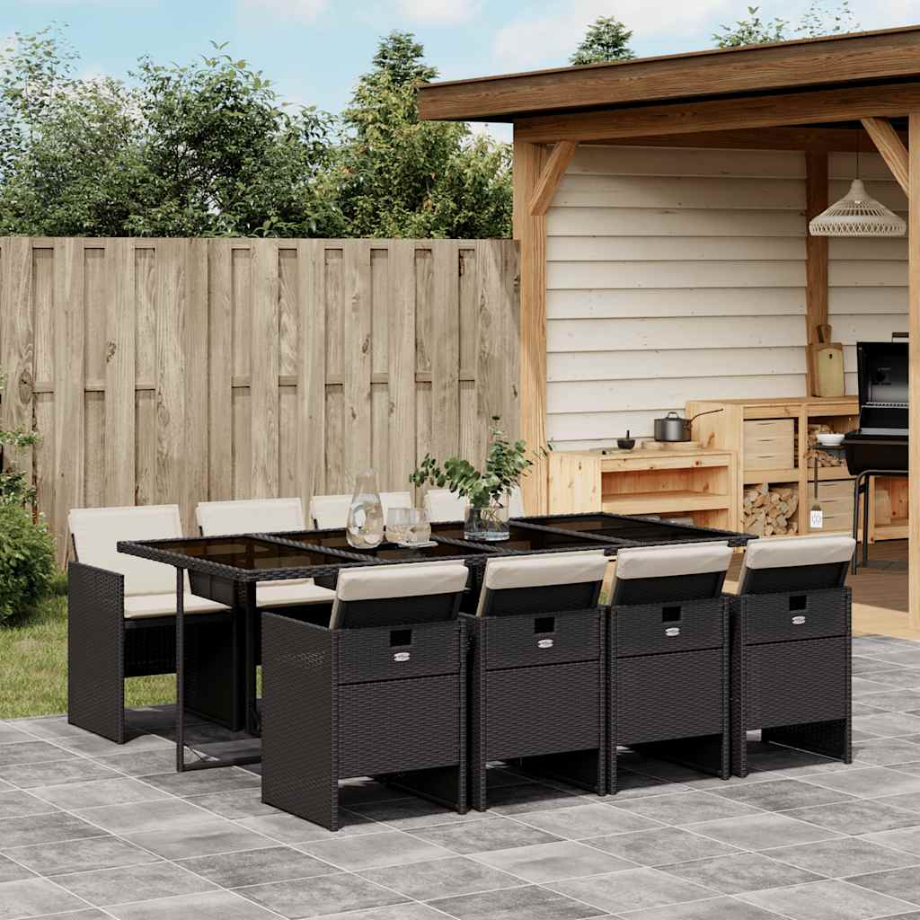 Set de comedor de jardín 9 pzas y cojines ratán sintético negro
