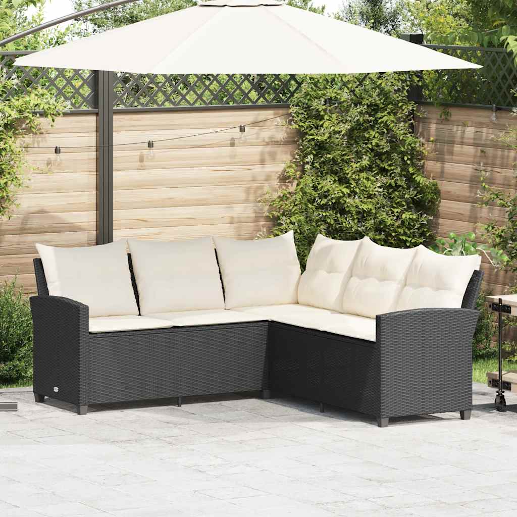 L-shaped sofa with beige synthetic rattan cushions
