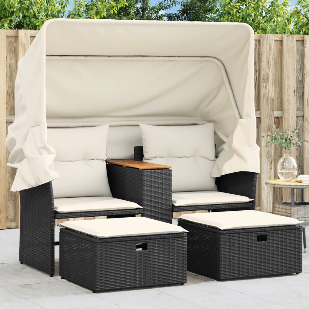 Sofá de jardín 2 plazas con toldo y taburetes ratán PE beige