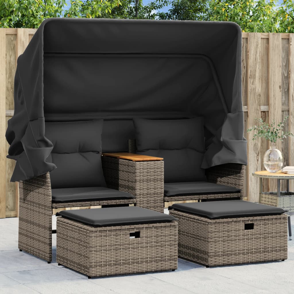 Sofá de jardín 2 plazas con toldo y taburetes ratán PE beige