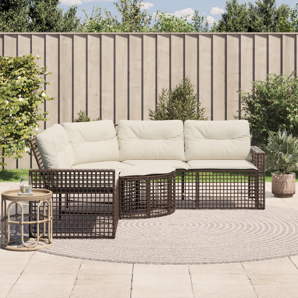 Sofá de jardín forma de L cojines y reposapiés ratán PE gris