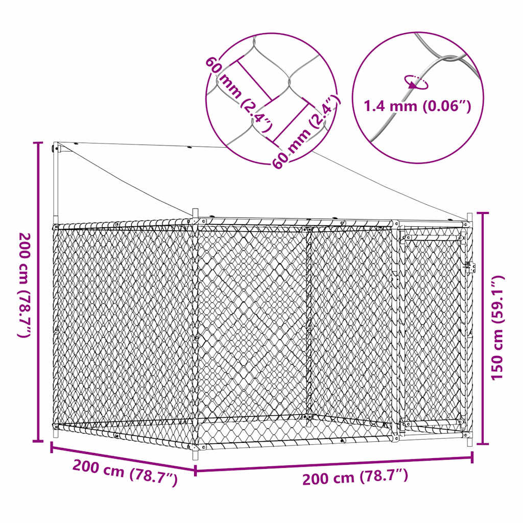 Jaula de perros techo y puerta acero galvanizado gris 2x2x2 m