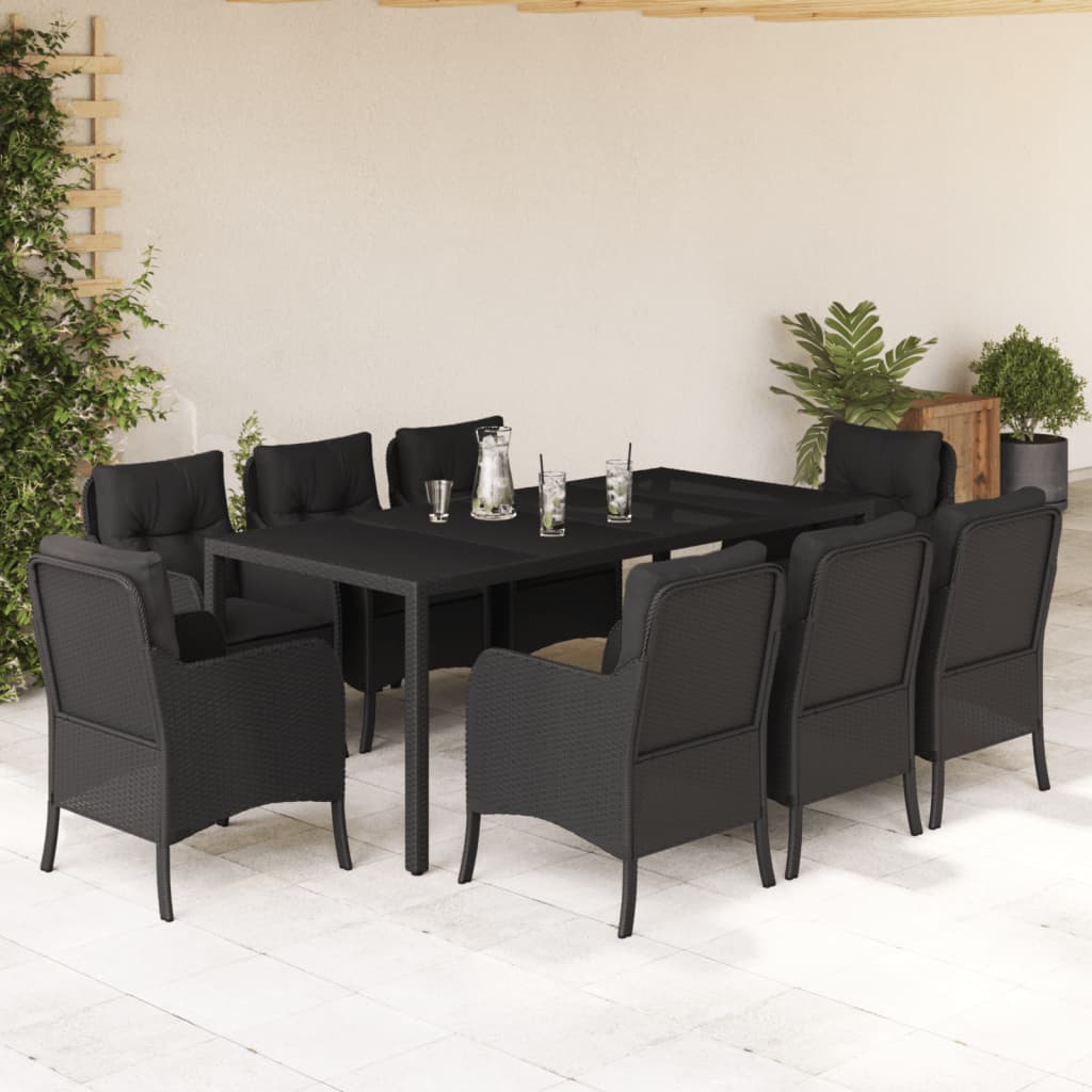Set de comedor de jardín 9 pzas y cojines ratán sintético negro