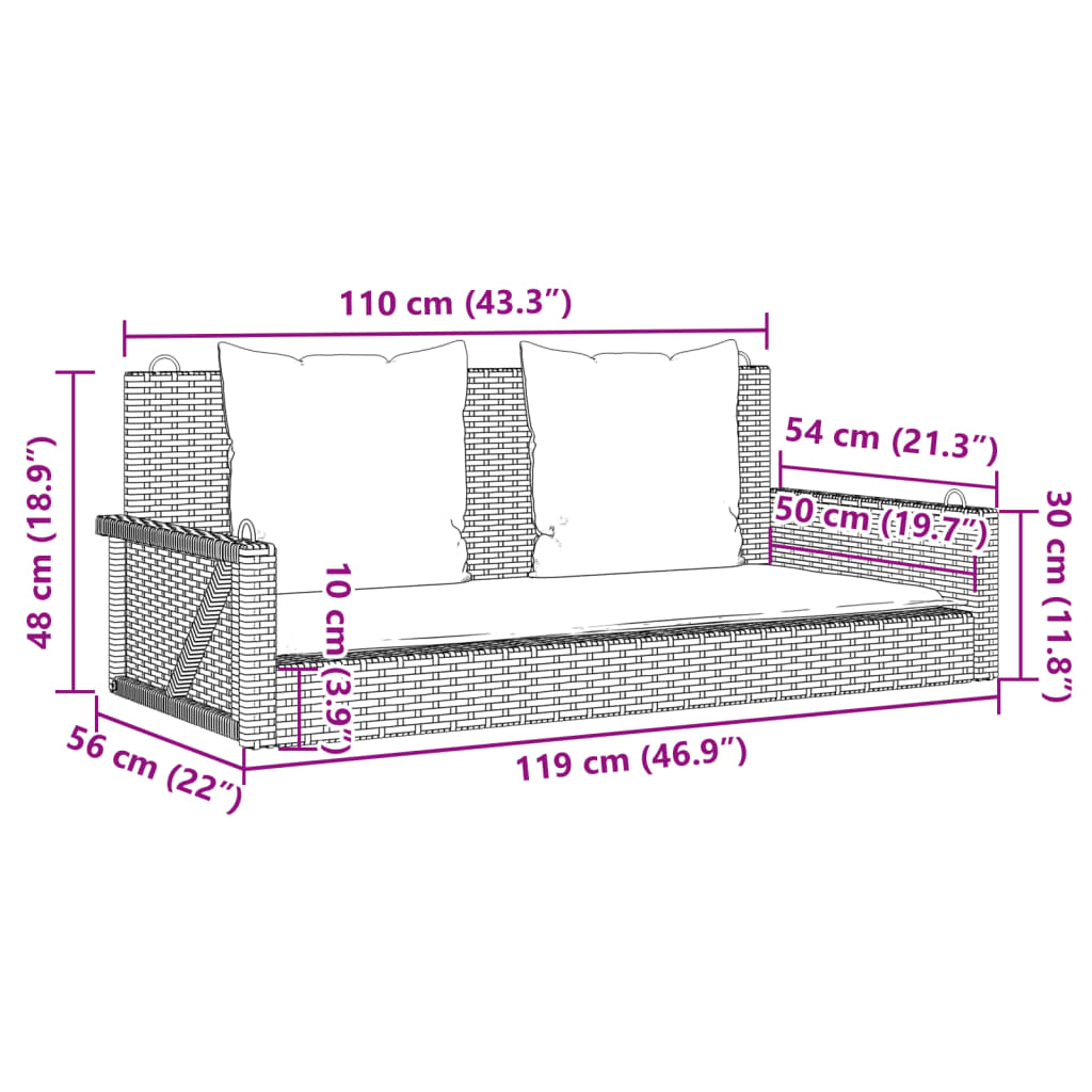 Banco columpio con cojines gris 119x56x48 cm ratán sintético