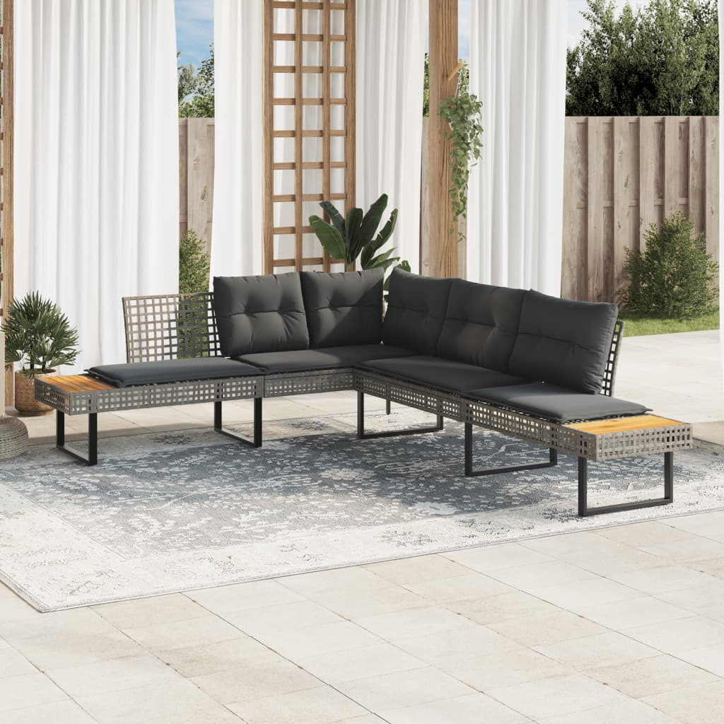 Sofá de jardín con cojines forma de L acero y textileno negro