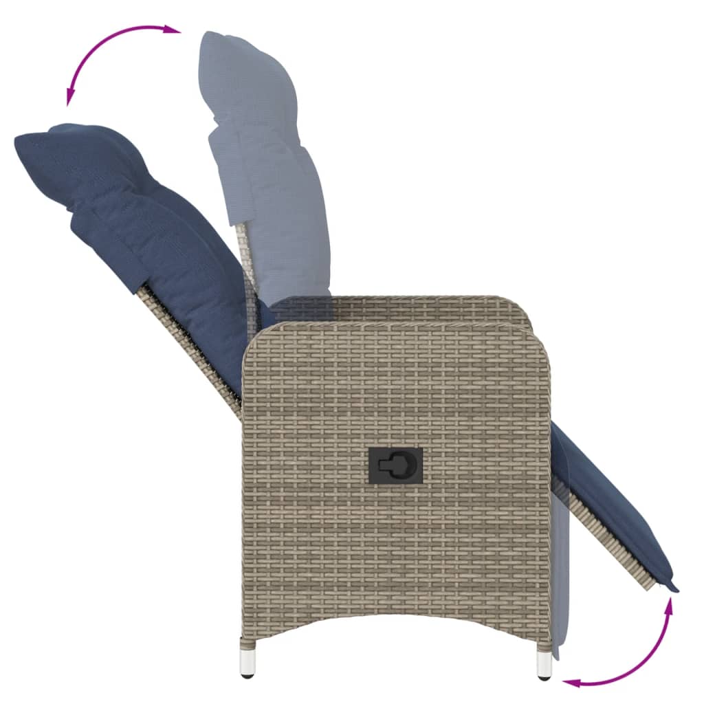Sillas de jardín reclinables (2 unidades, con mesa), ratán sintético gris