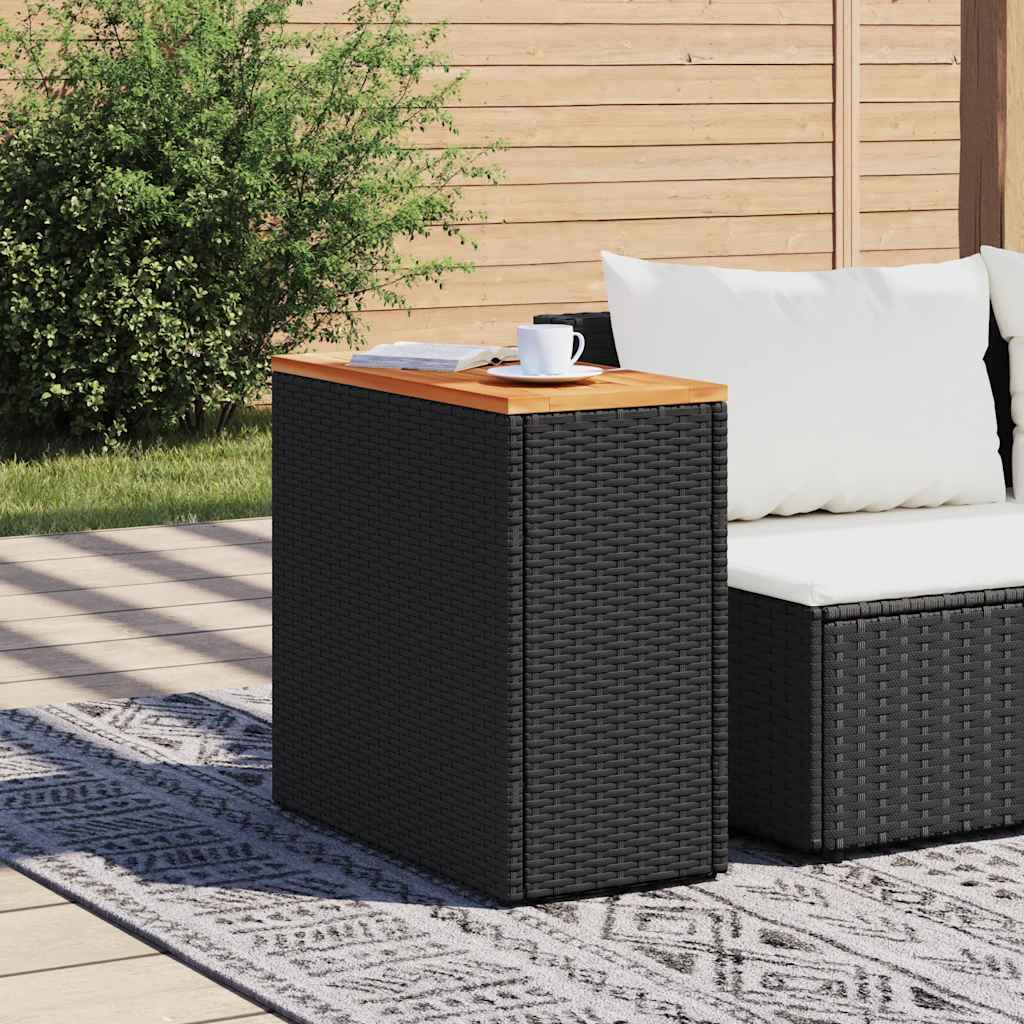 Mesa auxiliar de jardín con tablero de madera, color negro, 58 x 27,5 x 55 cm, ratán sintético