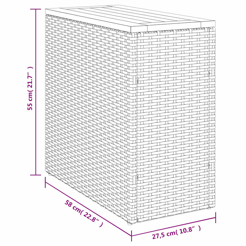 Mesa auxiliar de jardín con tablero de madera, color negro, 58 x 27,5 x 55 cm, ratán sintético