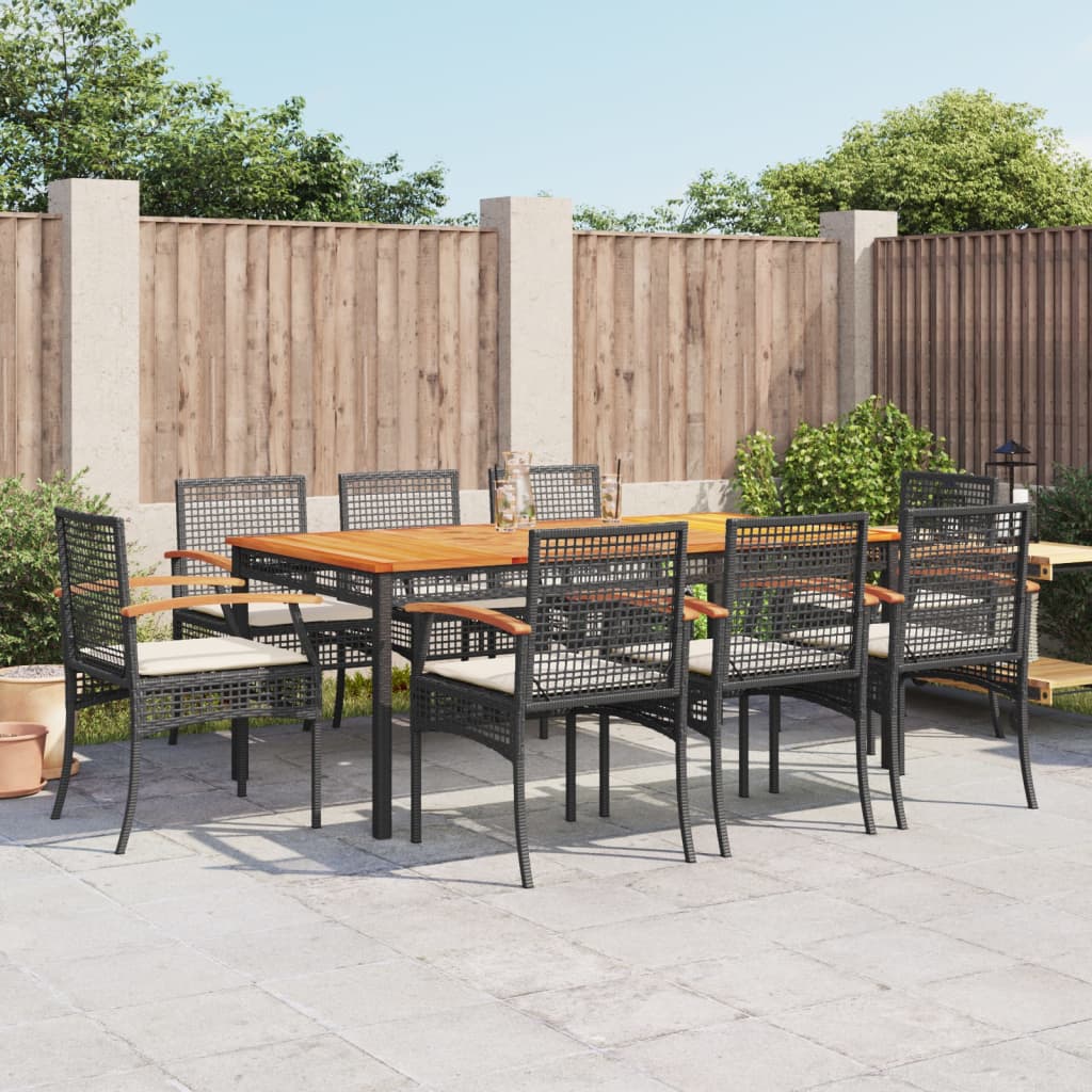 Set de comedor de jardín 9 pzas y cojines ratán sintético negro