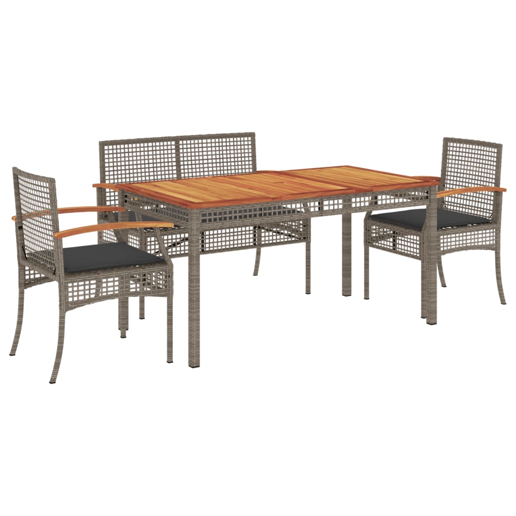 Juego de comedor de jardín 4 piezas con cojines ratán PE gris