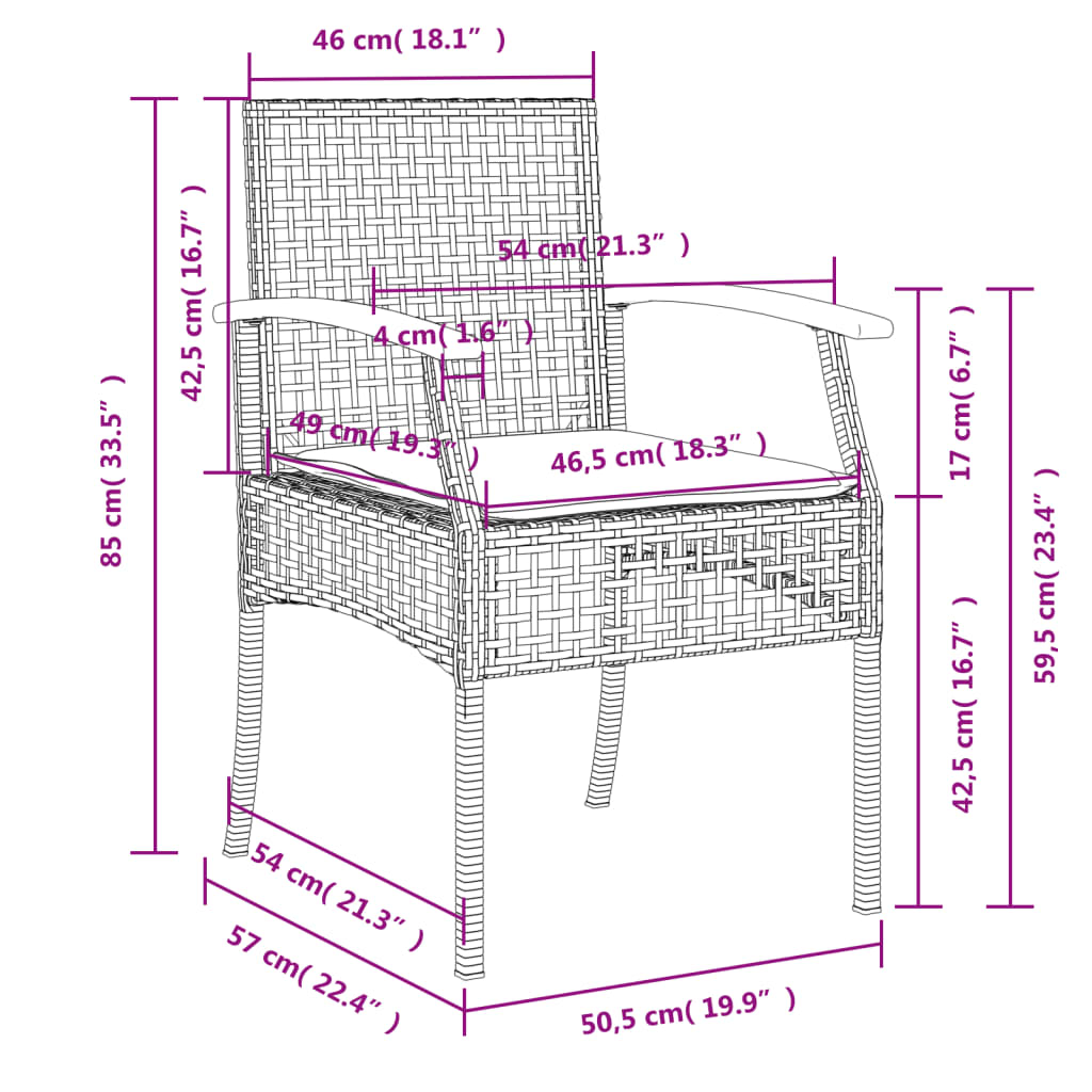 Juego de comedor de jardín 4 piezas con cojines ratán PE gris