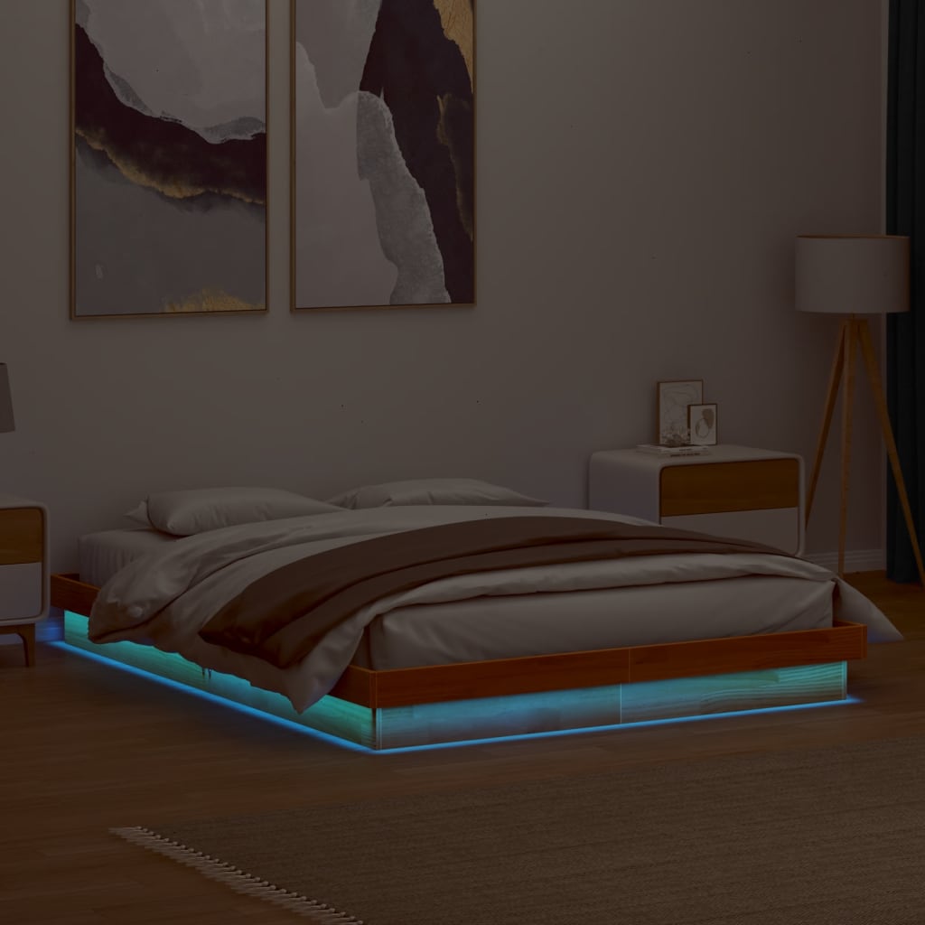Estructura cama individual LED sin colchón madera maciza blanco