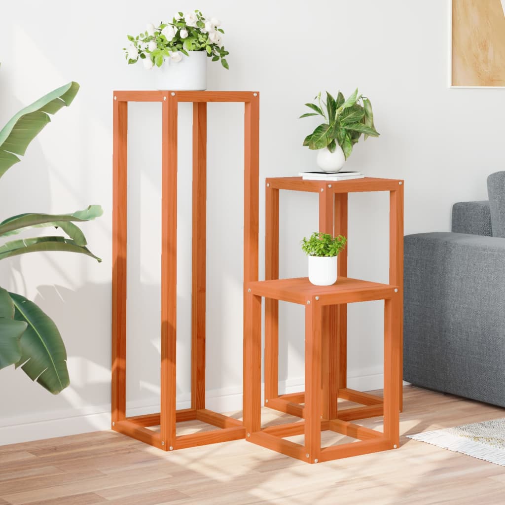 Soportes para plantas 3 piezas madera maciza pino marrón cera