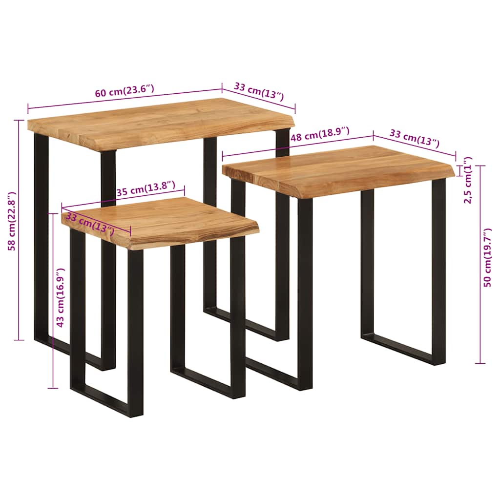 Set de 3 mesas apilables con borde natural madera acacia maciza