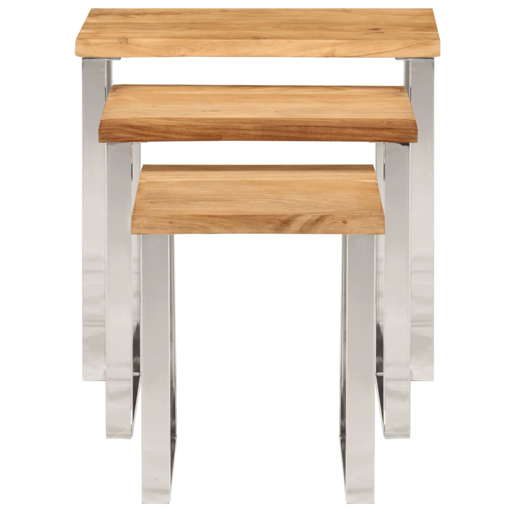Set de 3 mesas apilables con borde natural madera maciza acacia