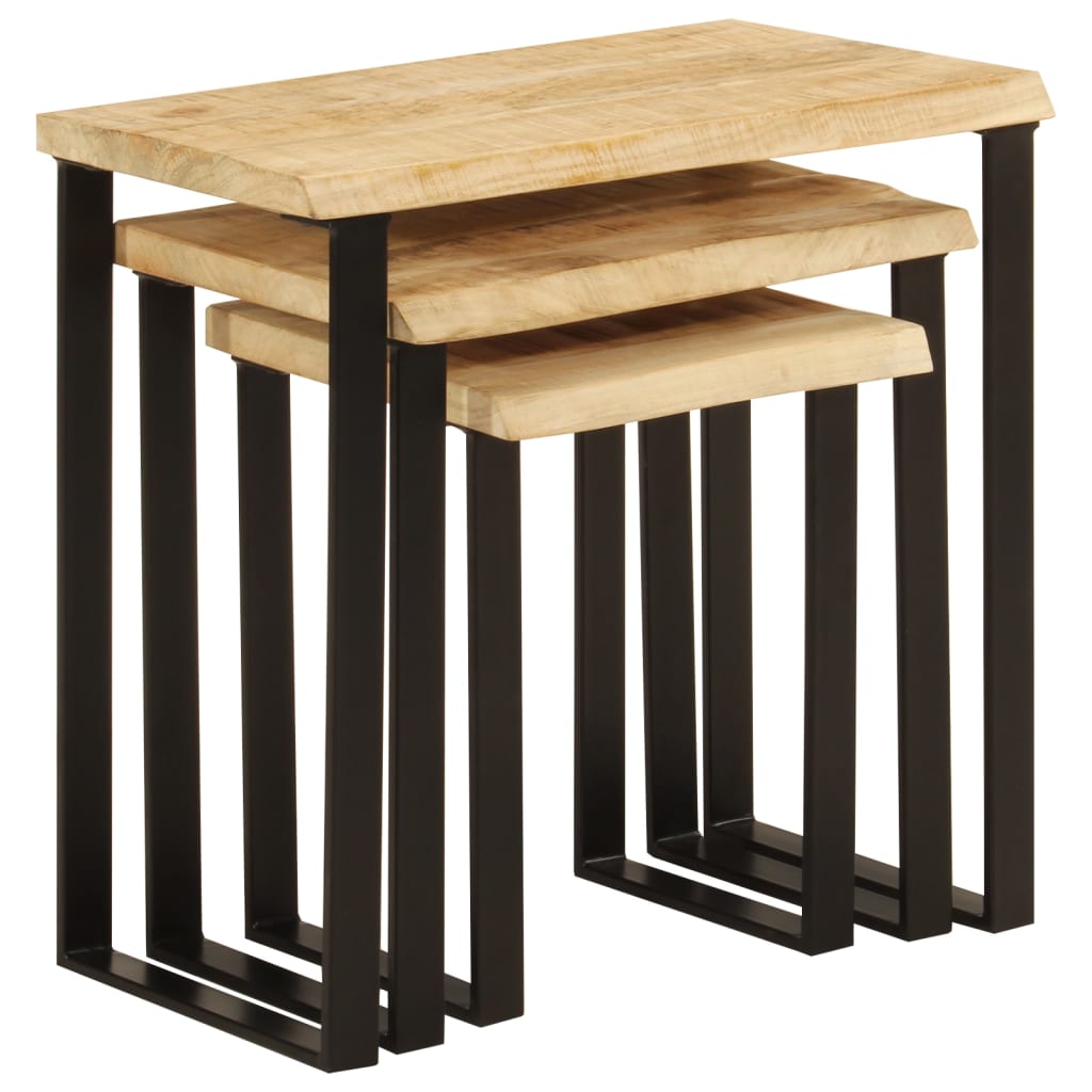 Set de 3 mesas apilables con borde natural madera maciza mango